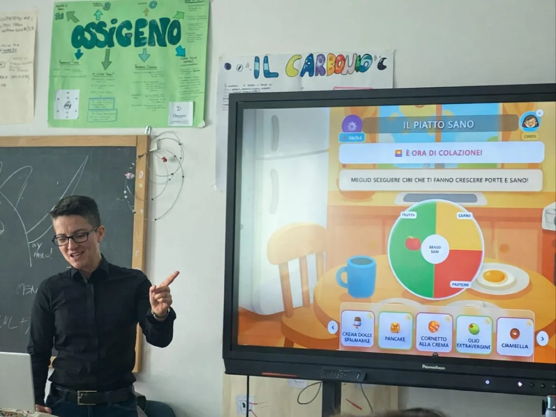 Il gioco «Il Piatto Sano» proiettato alla LIM durante una lezione del programma S.A.N.E.